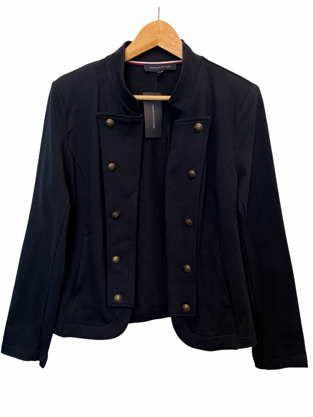 Tommy Hilfiger Womens Navy Double Military Band Style Open Knit Blazer Size L